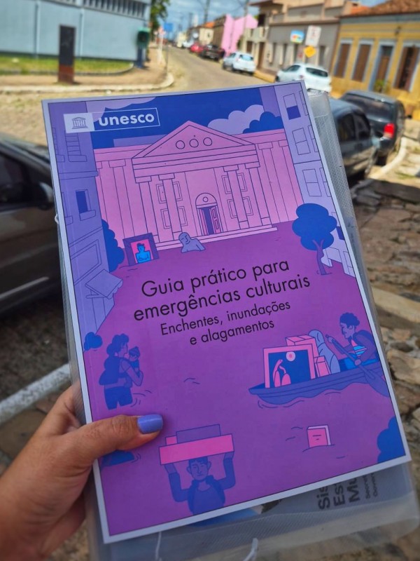 Livro com o t&iacute;tulo: &ldquo;Guia pr&aacute;tico para emerg&ecirc;ncias culturais: enchentes, inunda&ccedil;&otilde;es e alagamentos&rdquo;. Ele &eacute; segurado pelas m&atilde;os de uma mulher. O livro possui capa com cores em v&aacute;rios tons de roxo e rosa, demonstrando uma situa&ccedil;&atilde;o de inunda&ccedil;&atilde;o em uma &aacute;rea com pr&eacute;dios. Ao fundo a paisagem &eacute; de uma rua com casas antigas e carros estacionados do lado direito.