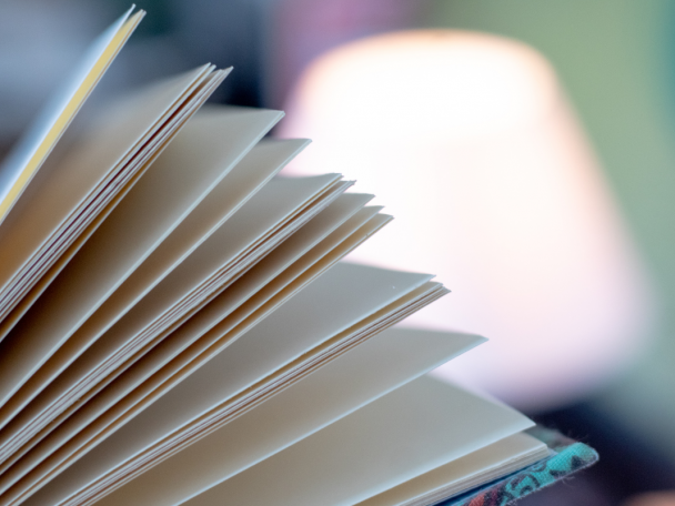 Páginas em branco de um livro aberto com luz desfocada ao fundo